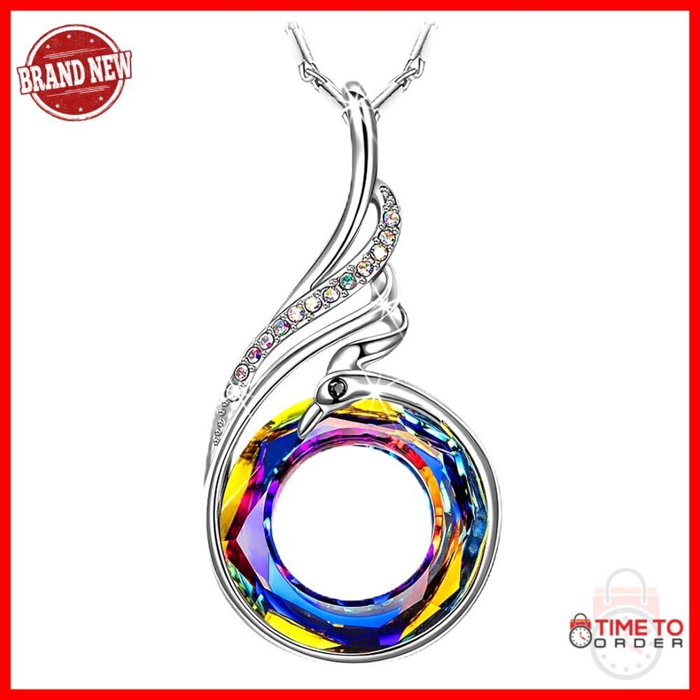 Phoenix Crystal Pendant Necklace Elegant Symbolic Gift Sterling Silver Plated